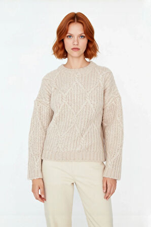 Kadın Kalın Saç Örgülü Oversize Triko Kazak Soğuk Havalar İçin Şık Bisiklet Yaka Standart Kol