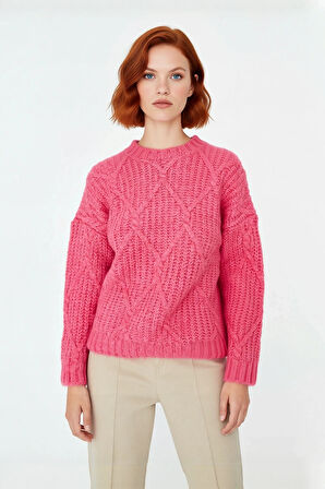 Kadın Kalın Saç Örgülü Oversize Triko Kazak Soğuk Havalar İçin Şık Bisiklet Yaka Standart Kol