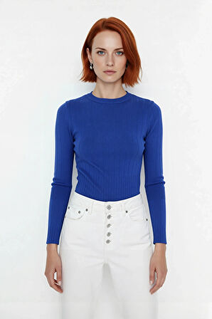 Kadın Basic Fitted Bisiklet Yaka Uzun Kollu Triko Kazak İlkbahar Sonbahar Günlük Stilin Anahtarı