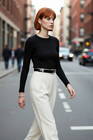 Kadın Basic Fitted Bisiklet Yaka Uzun Kollu Triko Kazak İlkbahar Sonbahar Günlük Stilin Anahtarı