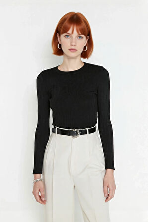 Kadın Basic Fitted Bisiklet Yaka Uzun Kollu Triko Kazak İlkbahar Sonbahar Günlük Stilin Anahtarı