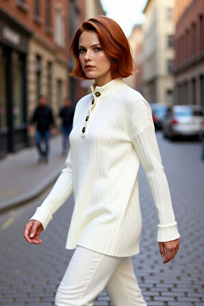 Kadın Casual Ekru Yarım Patlı Düşük Kol Fitilli Triko Kazak Soğuk Havaların Favorisi Kaliteli