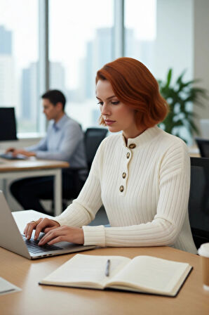 Kadın Casual Ekru Yarım Patlı Düşük Kol Fitilli Triko Kazak Soğuk Havaların Favorisi Kaliteli