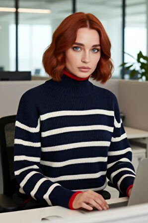 Modern Kadın Dik Yaka Triko Kazak Oversize Kesim Çizgili Desenli Uzun Kol Rahat Şıklık Kaliteli