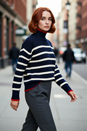 Modern Kadın Dik Yaka Triko Kazak Oversize Kesim Çizgili Desenli Uzun Kol Rahat Şıklık Kaliteli