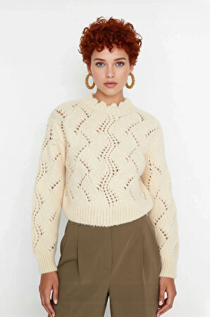 Kadın Ekru Ajurlu Dik Yaka Uzun Kollu Regular Kalıp Süper Crop Triko Kazak İlkbahar Sonbahar Şıklığı