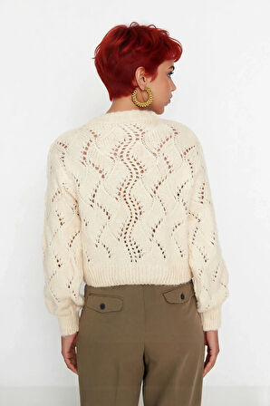 Kadın Ekru Ajurlu Dik Yaka Uzun Kollu Regular Kalıp Süper Crop Triko Kazak İlkbahar Sonbahar Şıklığı