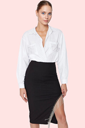 Kadın Dokuma Poplin Gömlek; Taş Detaylı; Çift Cepli; Kışlık Günlük Kullanım Modern Tasarım