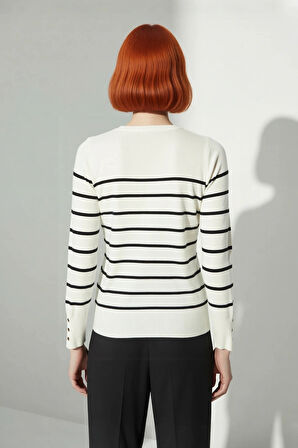 Kadın Şık Bisiklet Yaka Ekru Çizgili İnce Fitted Triko Kazak İlkbahar Sonbahar Günlük Kullanım