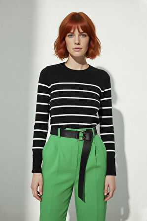 Kadın Şık Bisiklet Yaka Ekru Çizgili İnce Fitted Triko Kazak İlkbahar Sonbahar Günlük Kullanım