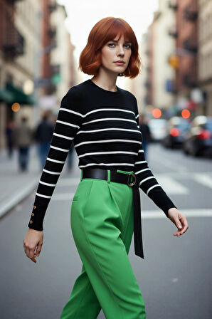 Kadın Şık Bisiklet Yaka Ekru Çizgili İnce Fitted Triko Kazak İlkbahar Sonbahar Günlük Kullanım