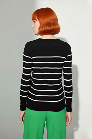 Kadın Şık Bisiklet Yaka Ekru Çizgili İnce Fitted Triko Kazak İlkbahar Sonbahar Günlük Kullanım