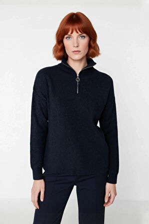 Kadın Oversize Basic Dokulu Uzun Kollu Fermuarlı Dik Yaka Selanik Örgü Triko Kazak Kaliteli