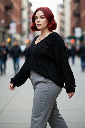 Kadın Büyük Beden V Yaka Kalın Triko Kazak Düz Akrilik Selanik Dokuma Kışlık Şık Seçim Kaliteli