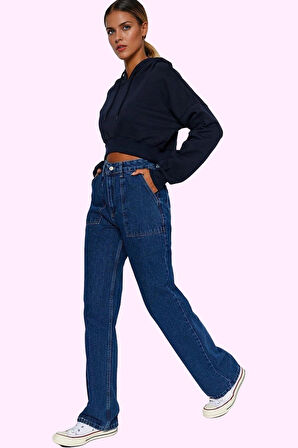 Kadın Pamuk Denim Jean Pantolon Basic Yüksek Bel Geniş Paça Yaz Aylarının Vazgeçilmezi