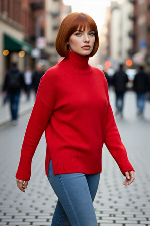 Kadın Düz Desen Akrilik Triko Kazak Relaxed Kalıp Dik Yaka Düşük Kol Kış İçin Konforlu Stil