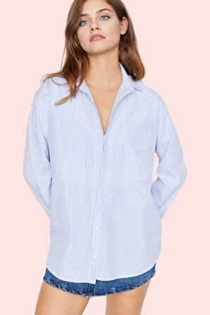 Kadın Pamuklu Dokuma Gömlek Çizgili Oversize Kalıp Smart Ofis Günlük Kullanım Modern Tasarım