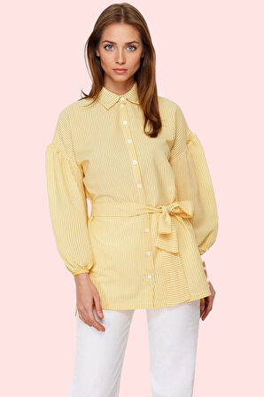 Kadın Çizgili Kuşaklı Gömlek Uzun Kollu Yazlık Rahat Günlük Hafta Sonu Yaz Aylarının Vazgeçilmezi