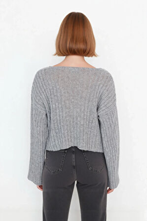 Kadın V Yaka Geniş Kalıp Yünlü Triko Kazak Uzun Kollu Fitilli Düz Basic Günlük Kombinlerin