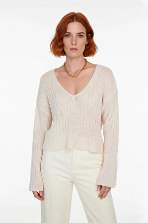 Kadın V Yaka Geniş Kalıp Yünlü Triko Kazak Uzun Kollu Fitilli Düz Basic Günlük Kombinlerin