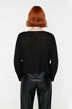 Kadın V Yaka Geniş Kalıp Yünlü Triko Kazak Uzun Kollu Fitilli Düz Basic Günlük Kombinlerin