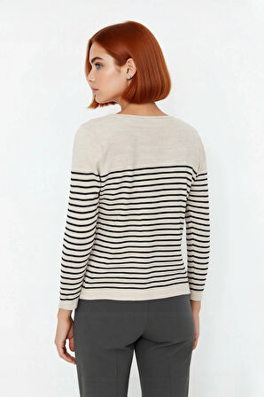 Kadın Basic Regular Kalıp Uzun Kollu Çizgili Bisiklet Yaka Gri Triko Kazak Modeli Kaliteli