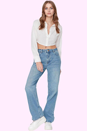 Kadın Pamuklu Denim Regular Geniş Paça Kot Pantolon Düşük Bel Günlük Kullanım Modern Tasarım
