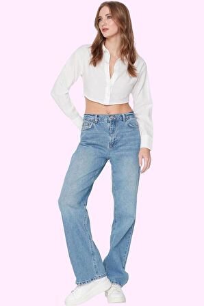 Kadın Pamuklu Denim Regular Geniş Paça Kot Pantolon Düşük Bel Günlük Kullanım Modern Tasarım