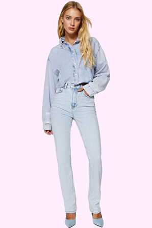 Kadın Denim Flare Pantolon Yüksek Bel Regular Boy Casual Günlük Stiller Yaz Aylarının Vazgeçilmezi