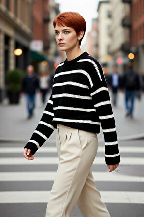 Kadınlara Özel Oversize Çizgili Triko Kazak Bisiklet Yaka Uzun Kollu Kış Stiline Modern Dokunuş