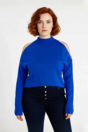 Kadın Şık Relaxed Kalıp Dik Yaka Uzun Kollu Omzu Açık Detaylı Tarz Akrilik Triko Kazak Kaliteli