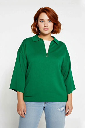 Kadın Büyük Beden Relaxed Kalıp Polo Yaka Fermuarlı Düşük Omuz Truvakar Kol Triko Kazak Kaliteli