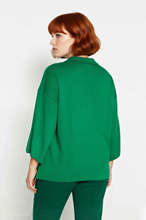 Kadın Büyük Beden Relaxed Kalıp Polo Yaka Fermuarlı Düşük Omuz Truvakar Kol Triko Kazak Kaliteli