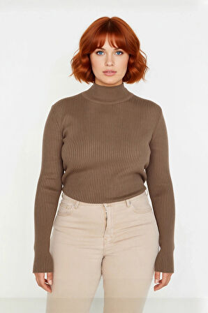 Kadın Akrilik Dik Yaka Fitilli Triko Kazak Fitted Kalıbı İle Konforlu Ve Şık Günlük Giyim Kaliteli