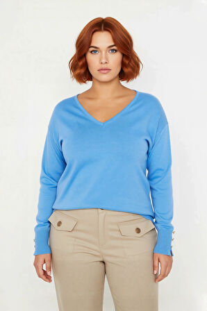 Kadın Düz Desen Regular Kalıp Triko V Yaka Kazak Uzun Kollu Ve Şık Düğme Detayları İle Kaliteli