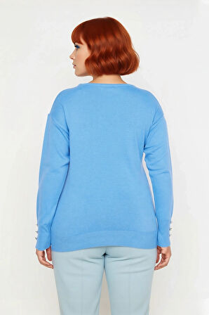 Kadın Düz Desen Regular Kalıp Triko V Yaka Kazak Uzun Kollu Ve Şık Düğme Detayları İle Kaliteli