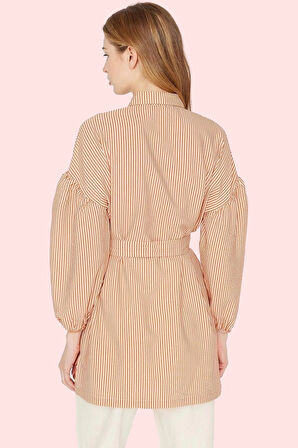 Kadın Çizgili Kuşaklı Gömlek Uzun Kollu Yazlık Rahat Günlük Hafta Sonu Yaz Aylarının Vazgeçilmezi