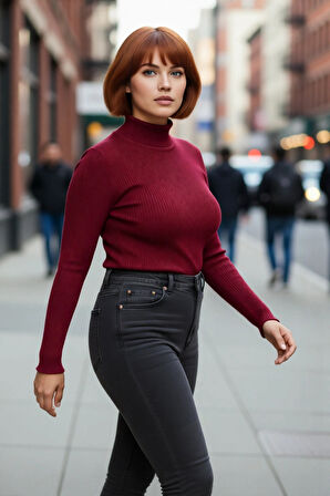 Kadın Akrilik Dik Yaka Fitilli Triko Kazak Fitted Kalıbı İle Konforlu Ve Şık Günlük Giyim Kaliteli