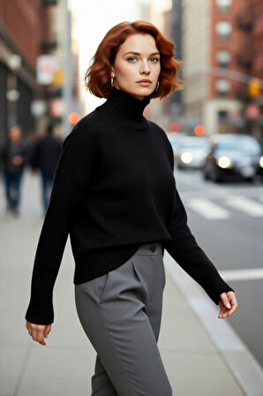 Kadın Düz Desen Akrilik Triko Kazak Relaxed Kalıp Dik Yaka Düşük Kol Kış İçin Konforlu Stil