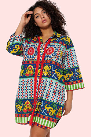 Kadın Pamuklu Dokuma Plaj Gömleği Etnik Desenli Regular Kalıp Yazlık Yaz Aylarının Vazgeçilmezi