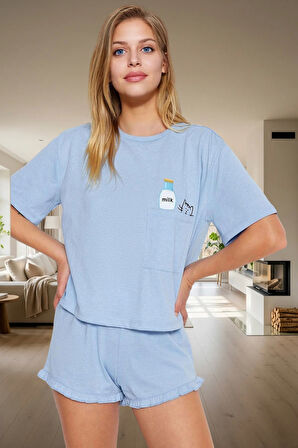 Rahat Yazlık Pijama Takımı Kısa Kollu Tişört ve Şort Pamuklu Örme Kumaş Özenle Seçilmiş