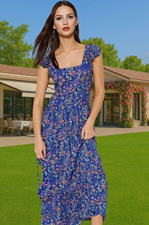 A Kesim Midi Boy Shally Dokuma Viskoz Elbise Kare Yaka Mükemmel Uyum Özenle Seçilmiş Uzun Ömürlü