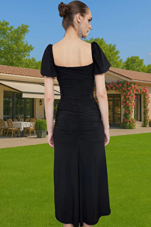 Feminen Midi Örme Elbise Kalp Yaka Agraflı Büzgü Detaylı Profesyonel Görünüm Özel Tasarım