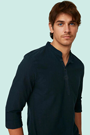 Erkek Pamuklu Keten Görünümlü Gömlek; Hakim Yaka Slim Fit Günlük Şıklık Yaz Aylarının Vazgeçilmezi