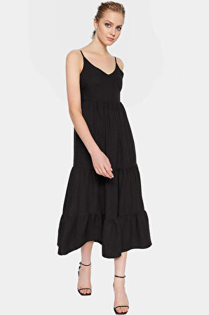 Kolsuz Maxi Elbise Skater Kalıp Lilyum Dokuma Günlük Kullanım Modern Stil Şık Görünüm