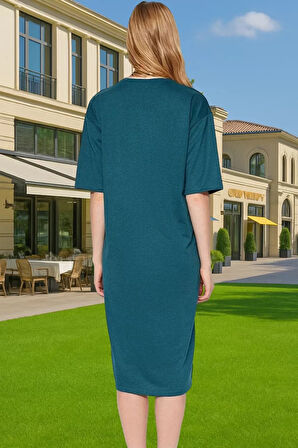 Rahat Kesim Bisiklet Yaka Nakışlı Midi Örme Elbise Dayanıklı Malzeme Trend Tasarım Rahat Kullanım