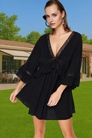 Yazlık Kadın A line Mini Elbise V Yaka Dantel Detaylı Plaj Elbisesi Uzun Ömürlü Yüksek Kalite