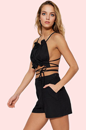 Kadın Düz Desenli Rahat Plaj Şortu Yazlık Keten Karışımlı Kemersiz Boru Paça Günlük Kullanım