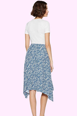 Kadın Yüksek Bel Midi Etek Zebra Desenli Asimetrik Kesim Örme Kumaş Günlük Kombin Hafta Sonu