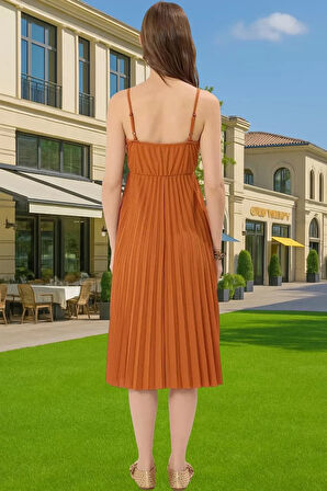 Yazlık Casual Ayarlanabilir Askılı Pileli Midi Elbise Seçkin Malzeme Yüksek Kalite Rahat Kullanım